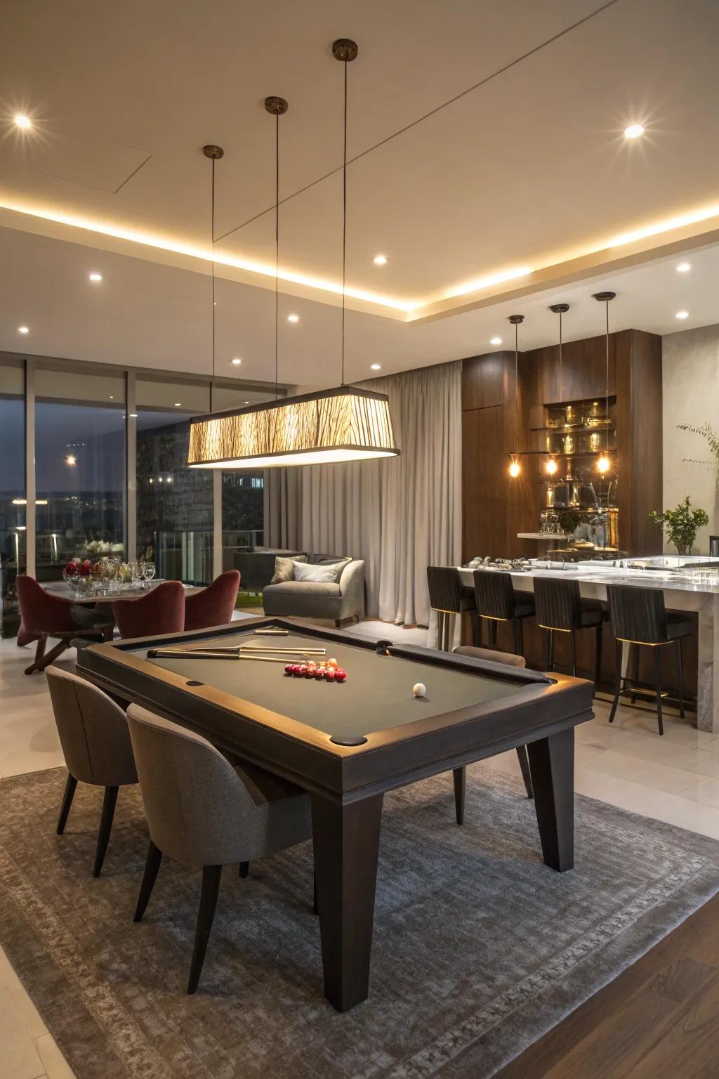 A clever dual-purpose table that seamlessly transitions from dining to gaming.