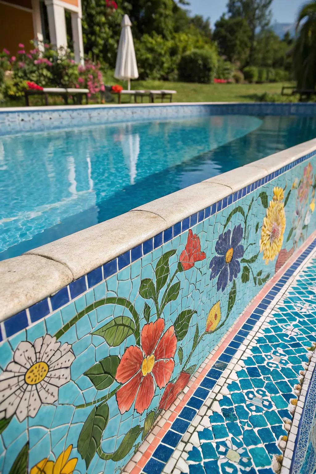 Pool with vibrant floral mosaic tile designs.