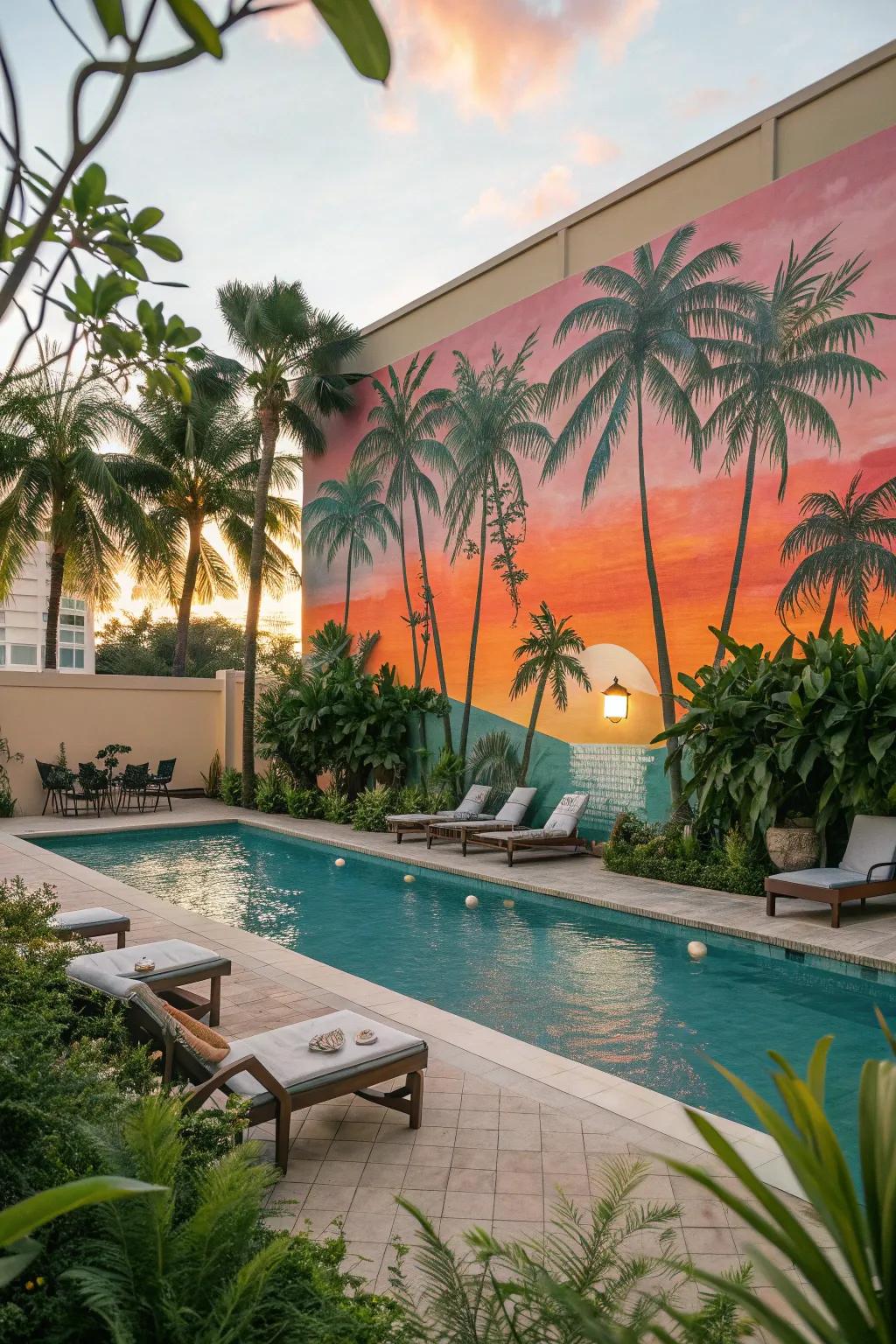 A poolside mural transforming the space into a tropical paradise.