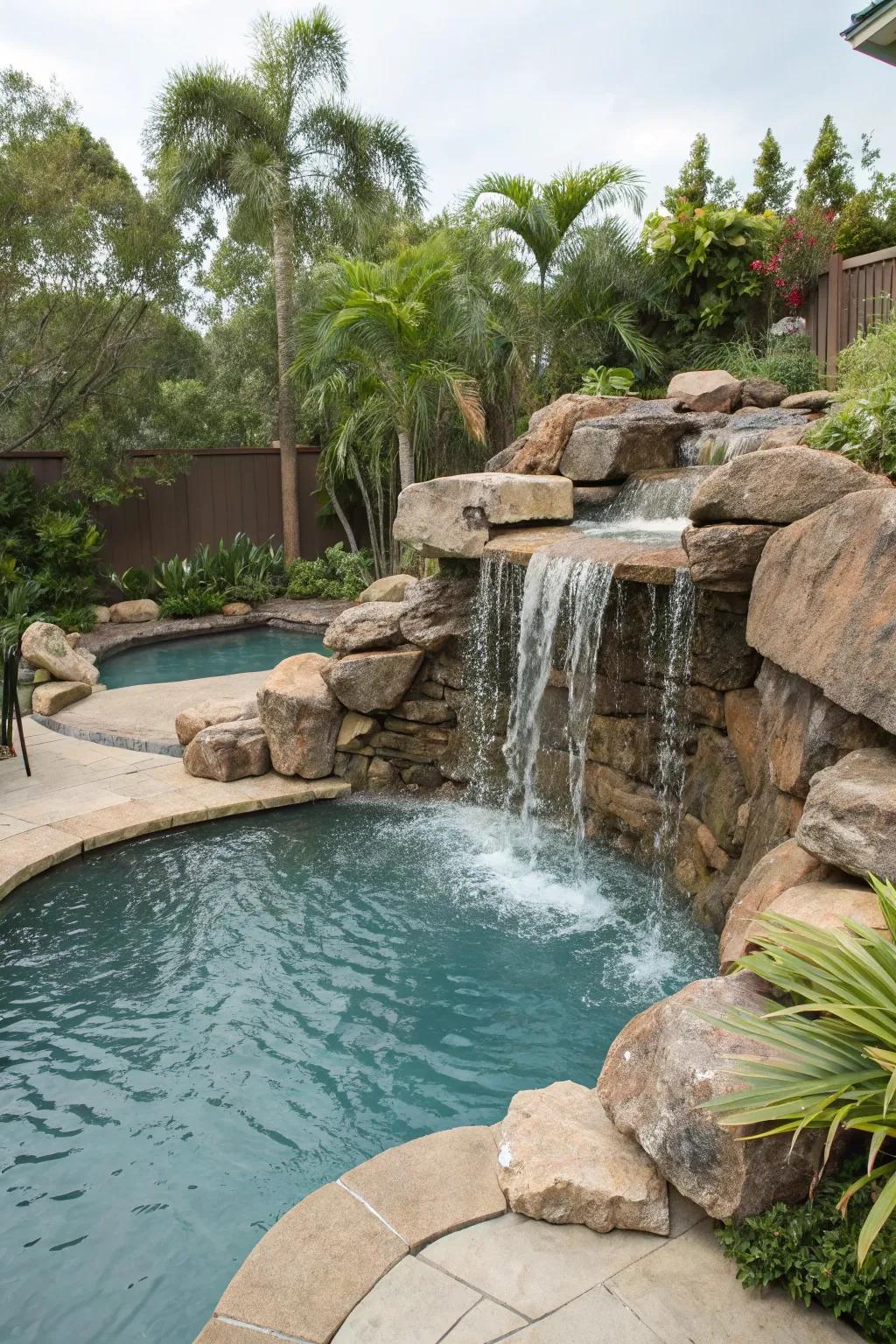 Cascading rock waterfalls bring nature's beauty to your pool.