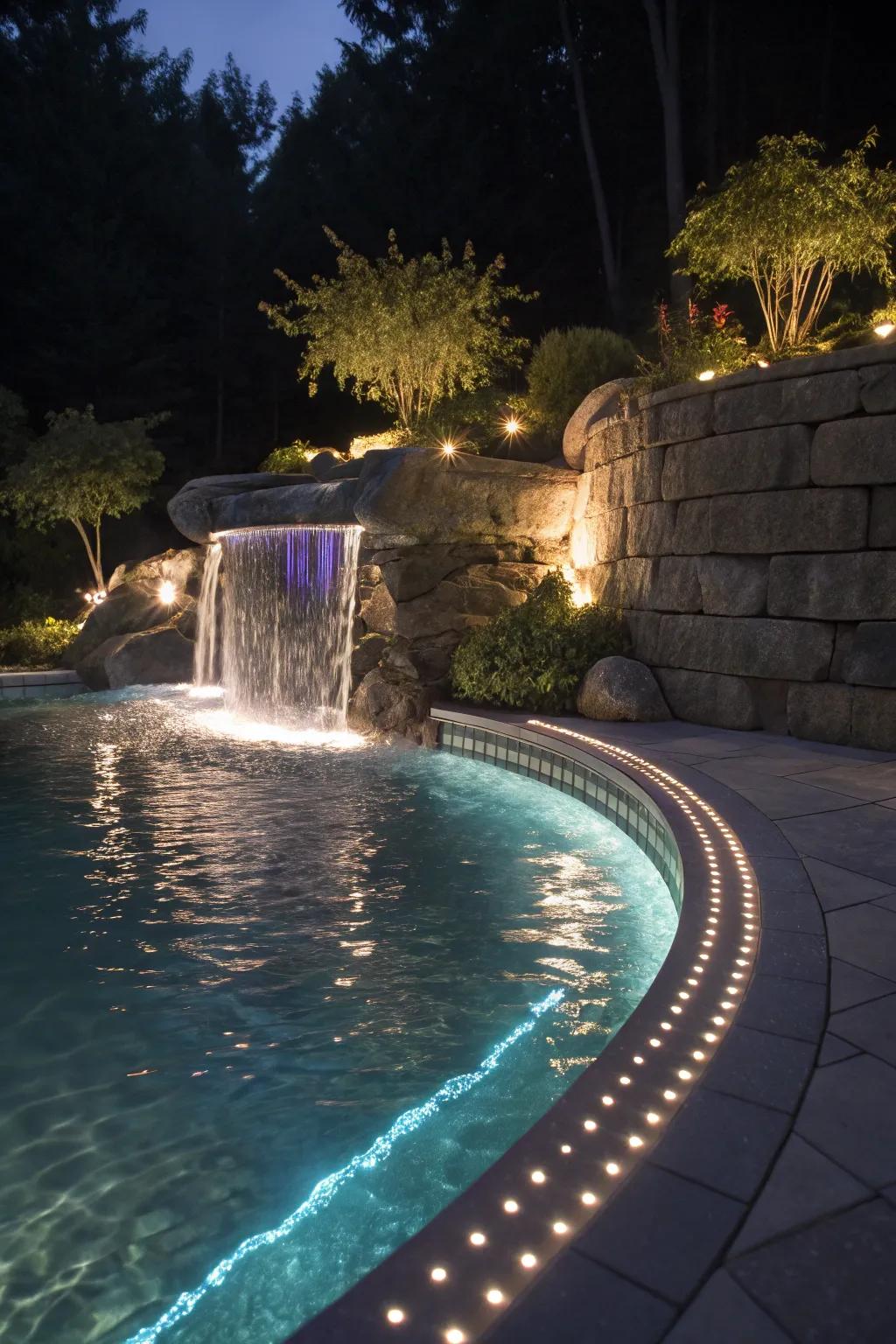 LED strip lights create a breathtaking glow beneath the water's surface.