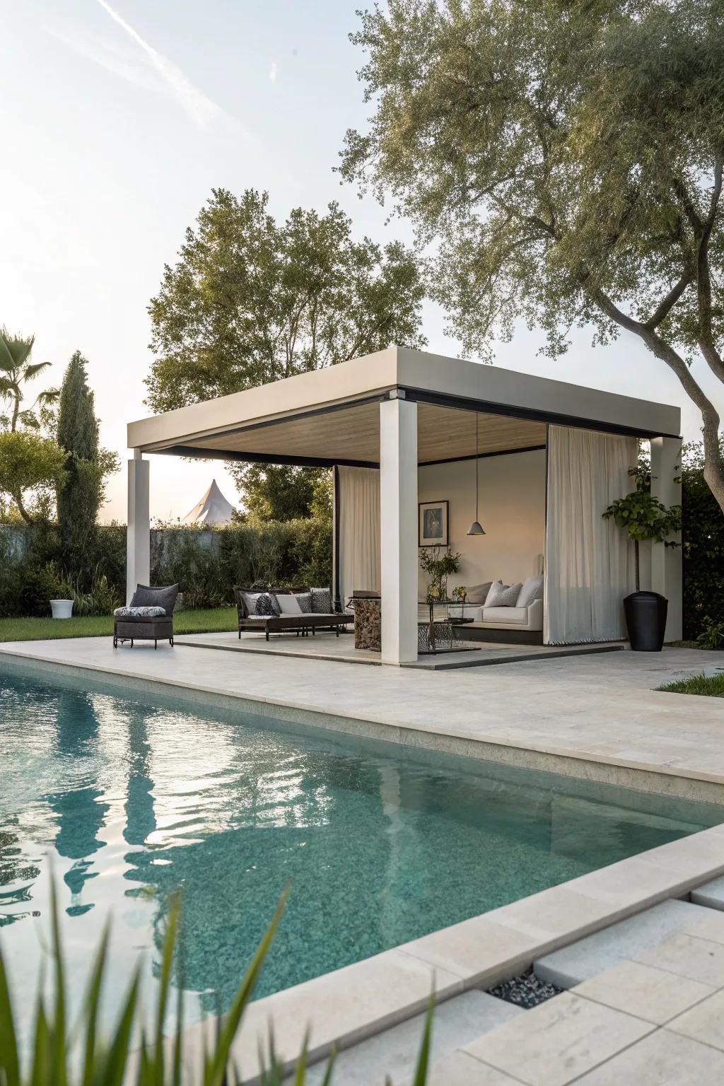 Embrace simplicity with a minimalist gazebo for tranquil poolside moments.