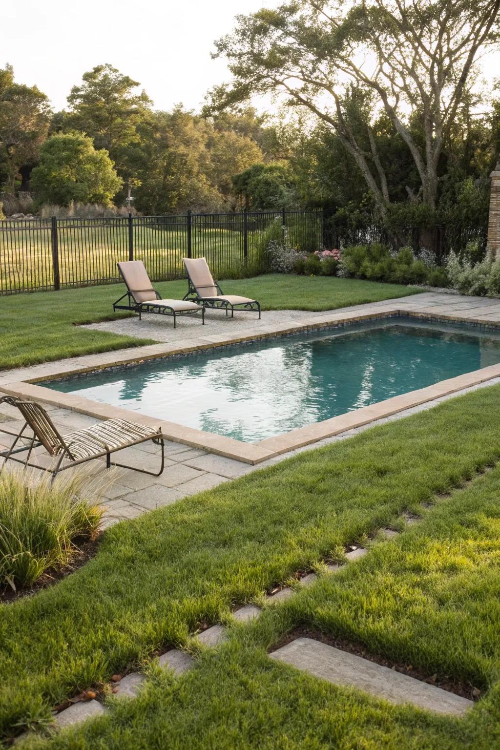 A pool bordered by lush natural grass and inviting seating.