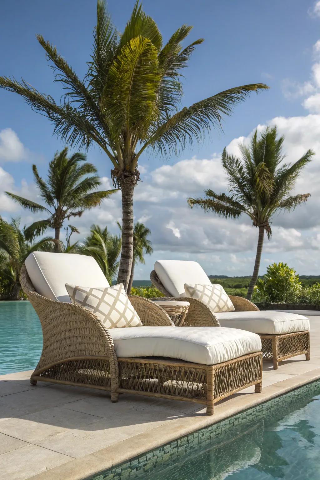 Cozy lounge chairs offer comfort and style for poolside relaxation.