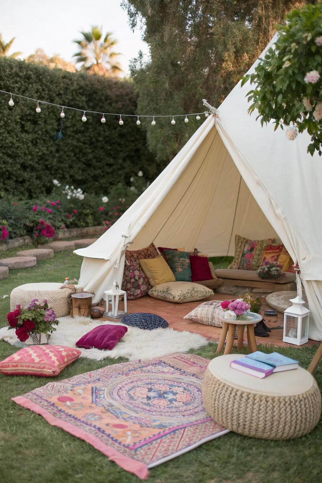 Turn your tent into a cozy outdoor lounge with rugs and cushions.