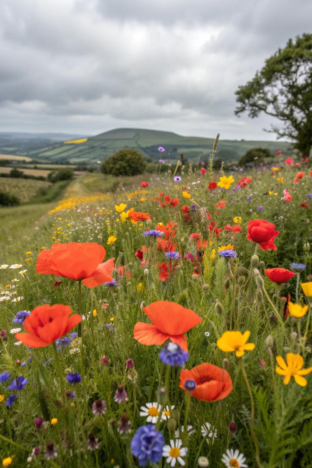 A vibrant wildflower garden featuring poppies intermingled with daisies and cornflowers.