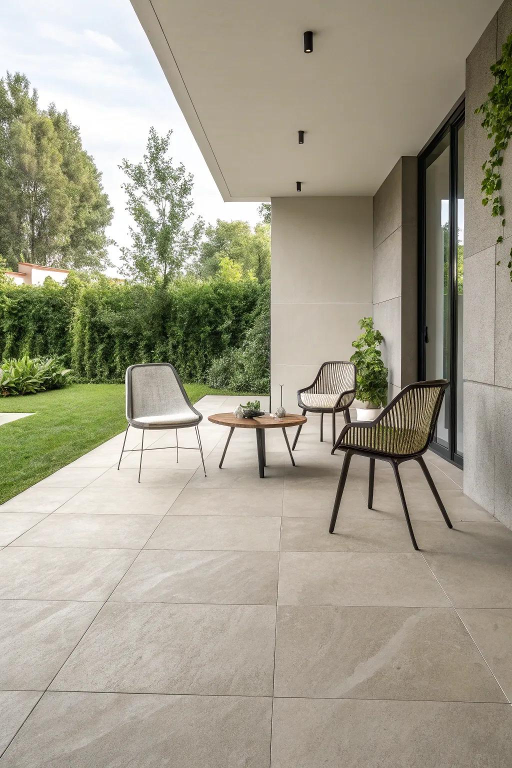 A chic modern patio with sleek porcelain tiles and minimalistic decor.