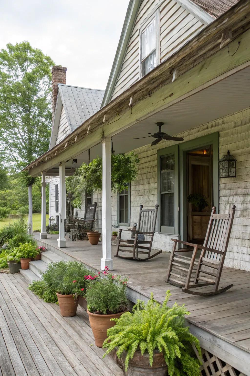 A classic wraparound porch with rocking chairs and potted plants