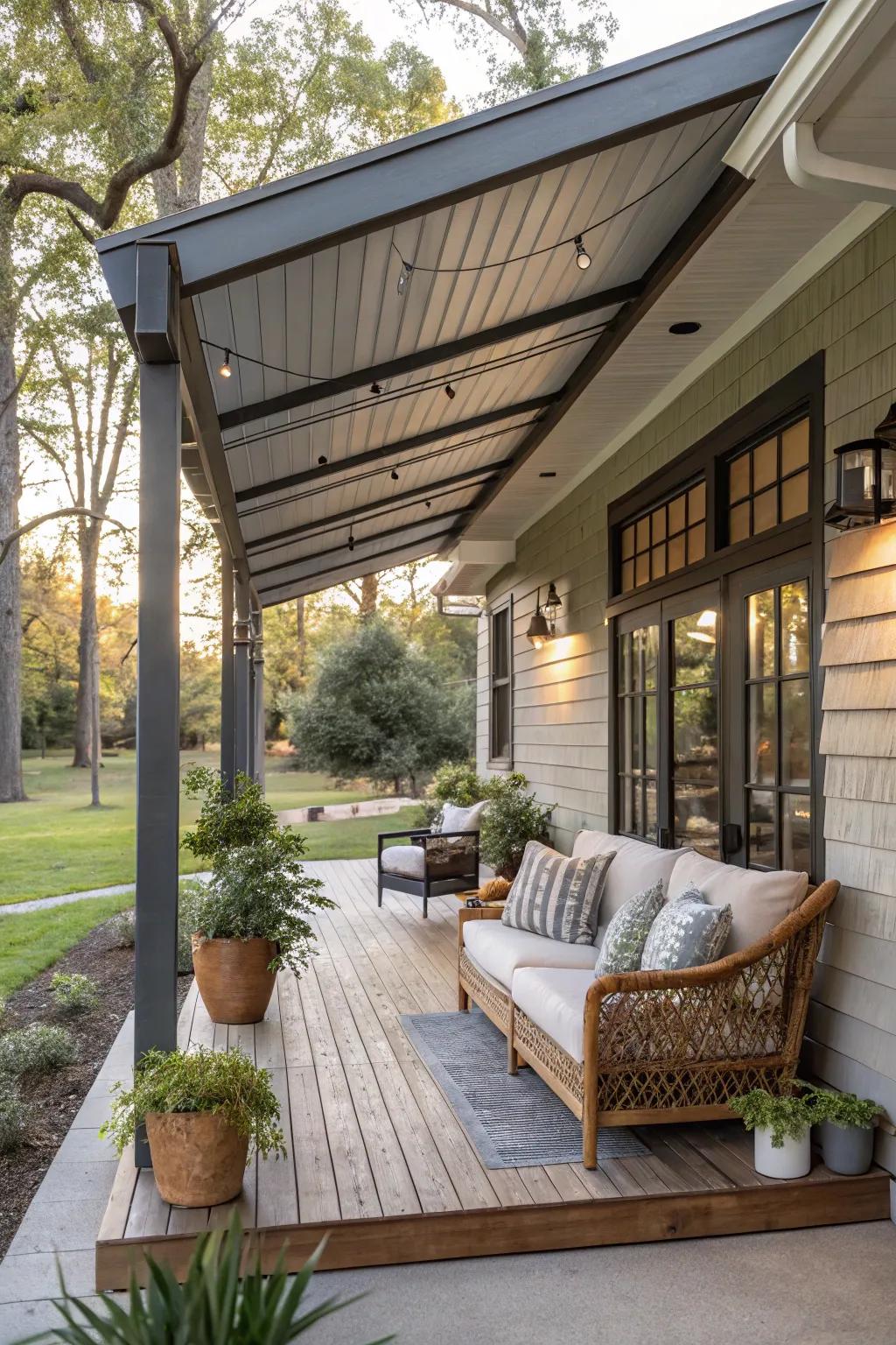 A modern rustic awning blends materials for a unique look.