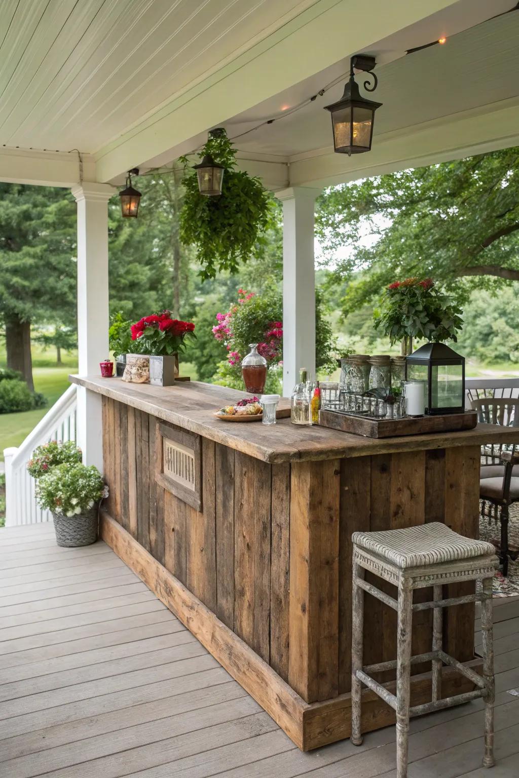 A rustic porch bar crafted from reclaimed wood for an earthy touch.