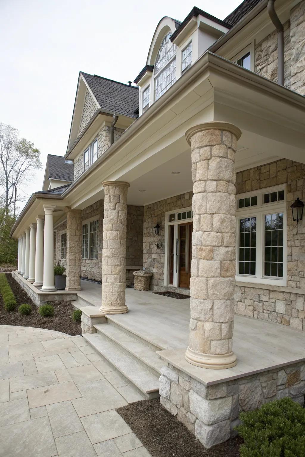 Porch columns wrapped in stone, adding a timeless and sturdy look to the home.