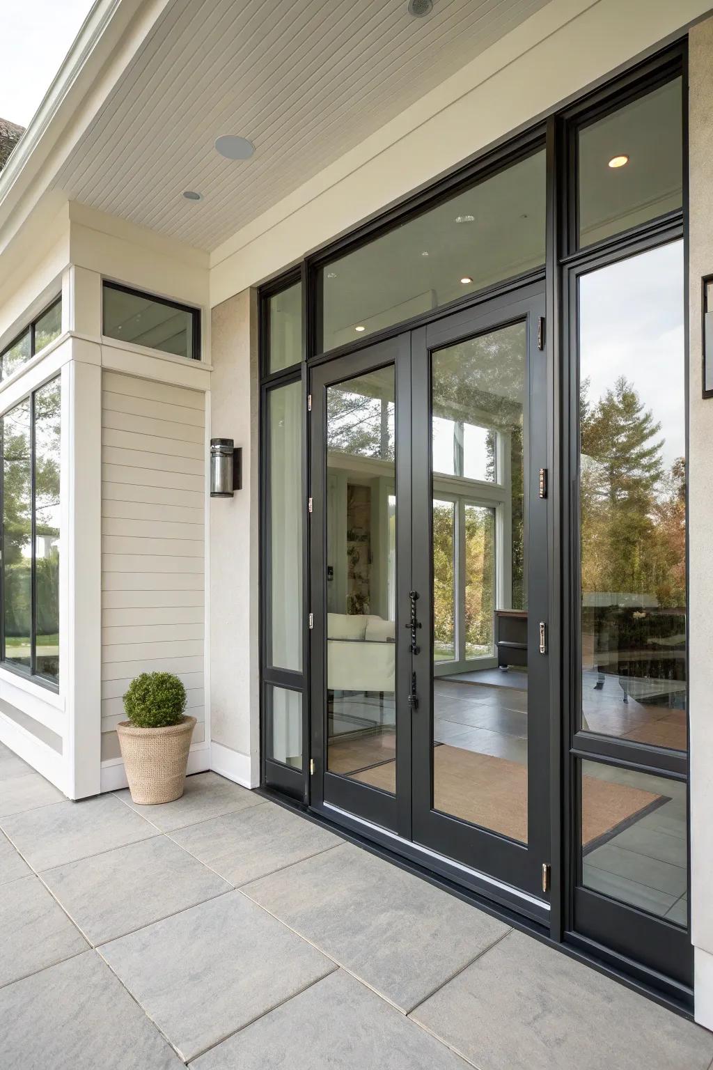 A modern porch door featuring elegant glass panels for a contemporary look.