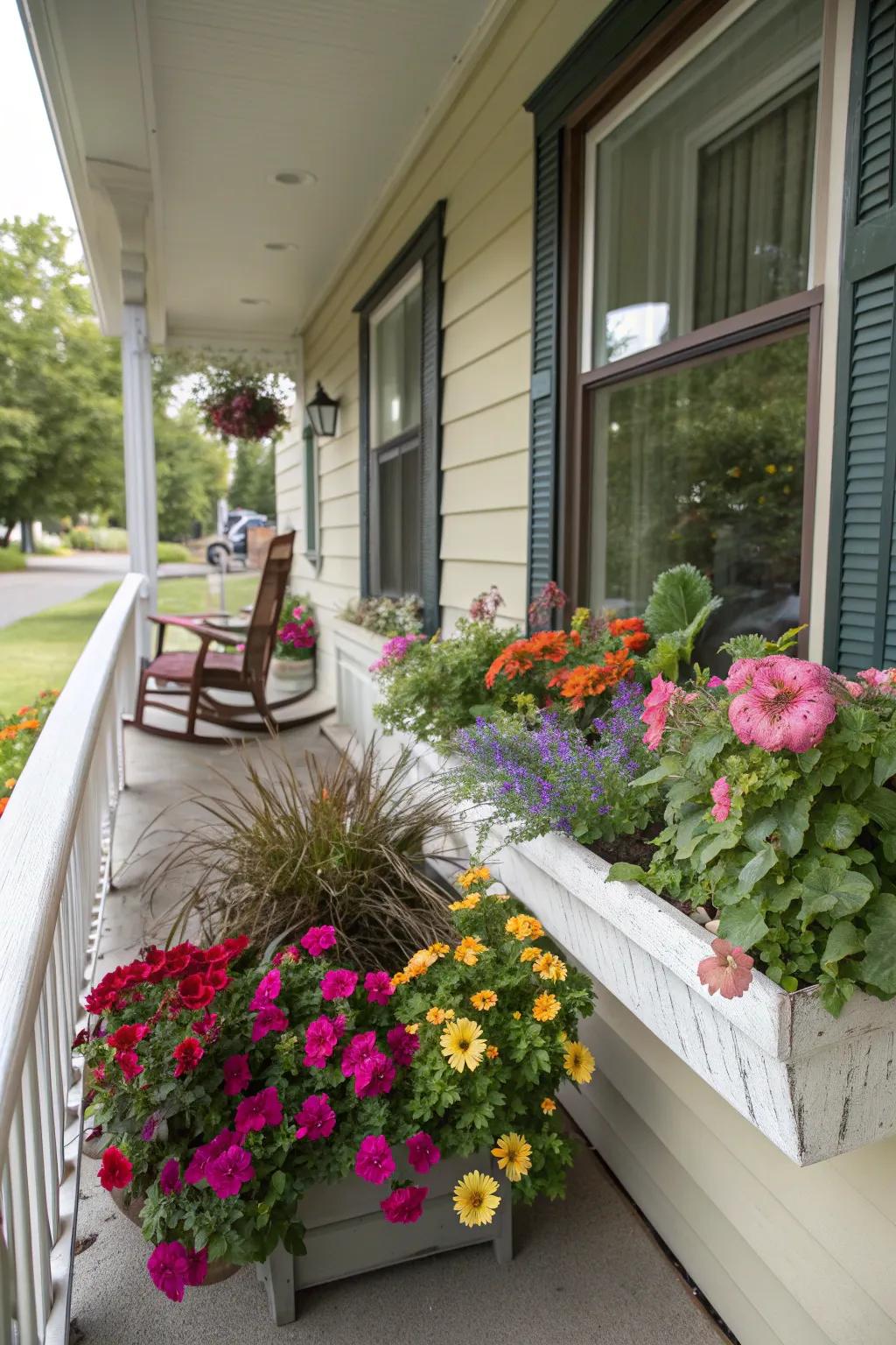 A vibrant mix of flowers brightens up this porch.