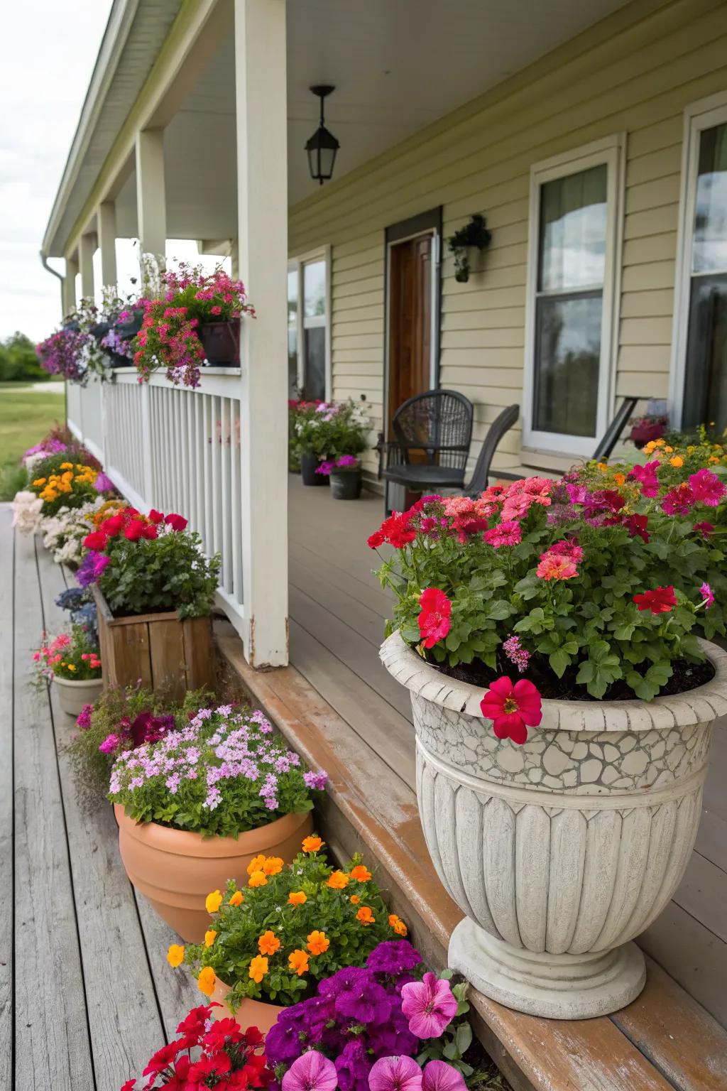 A vibrant mix of flowers brings life to any porch space.