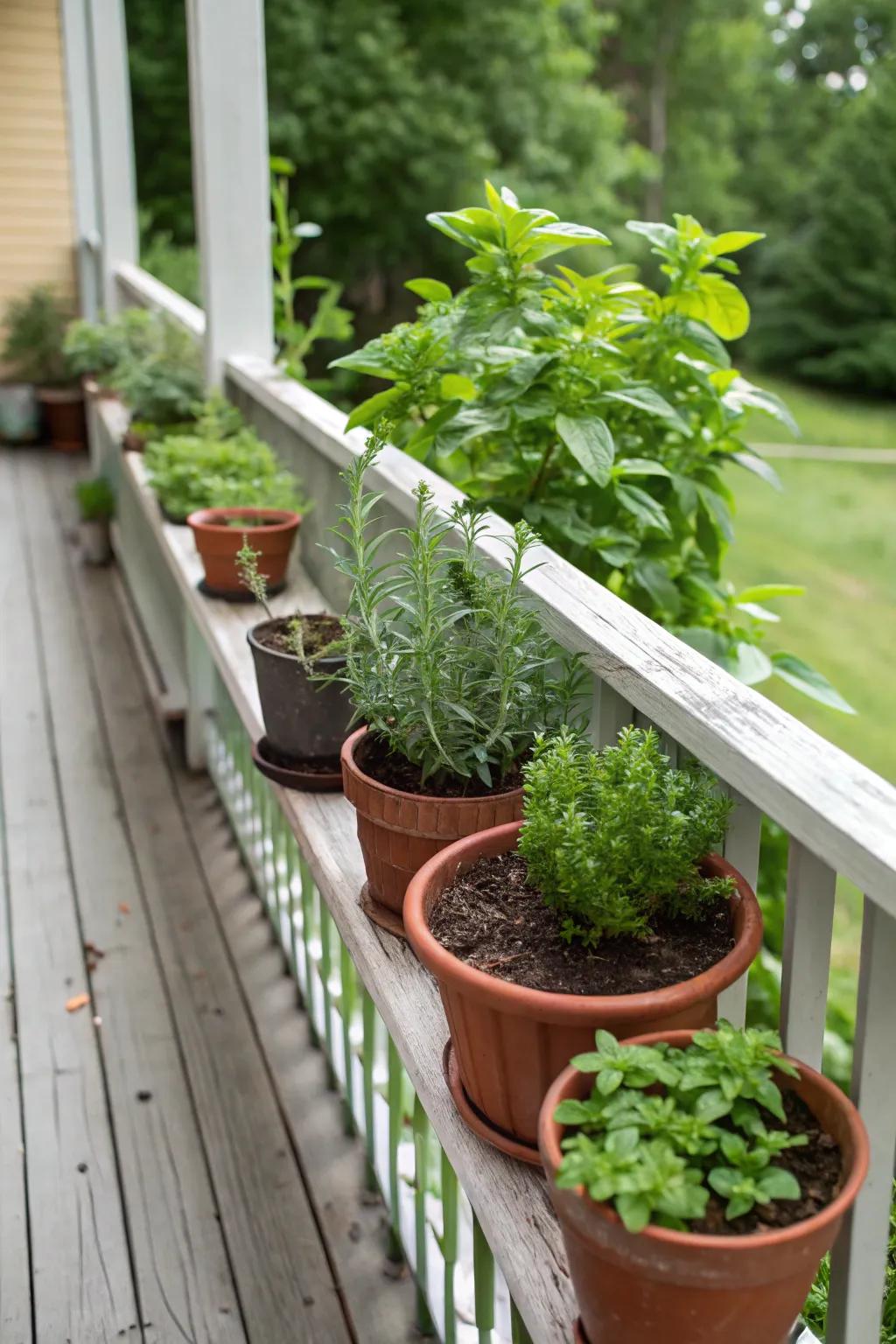 Fresh herbs at your fingertips with a porch mini herb garden.