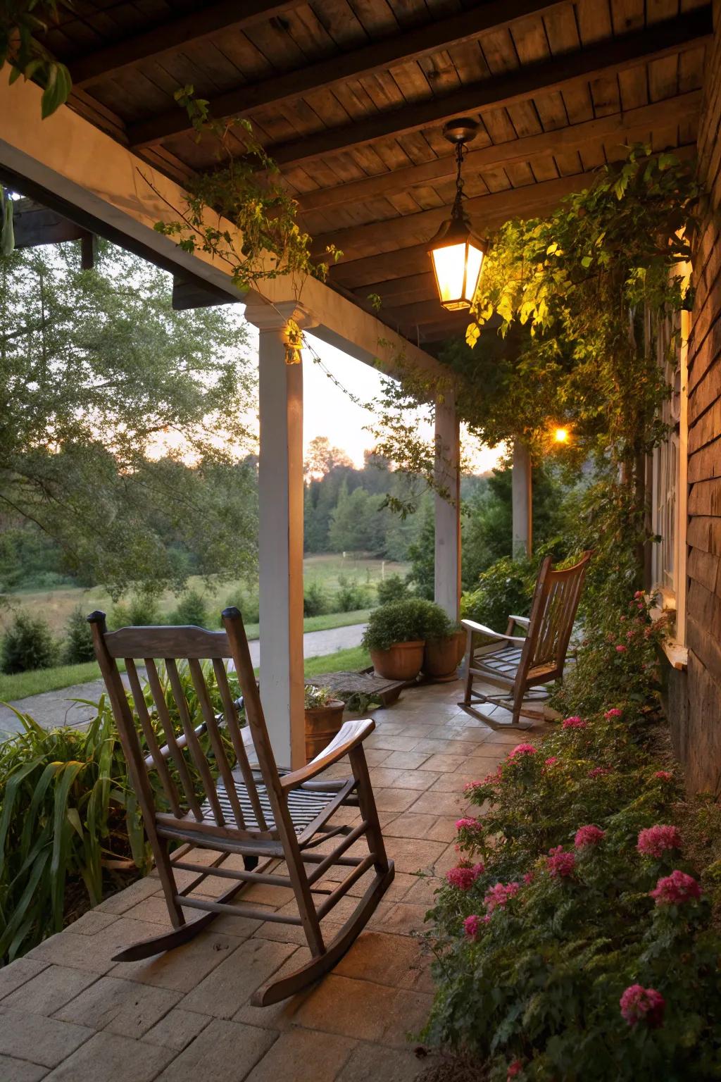 Porch with inviting wooden rocking chairs, perfect for a relaxing evening.