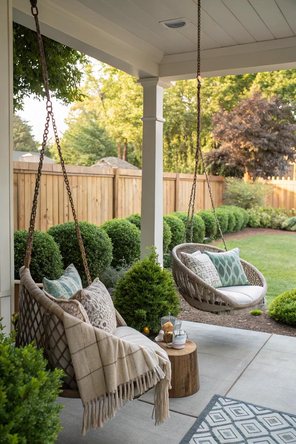 Swinging chairs add a playful and cozy vibe to any porch.