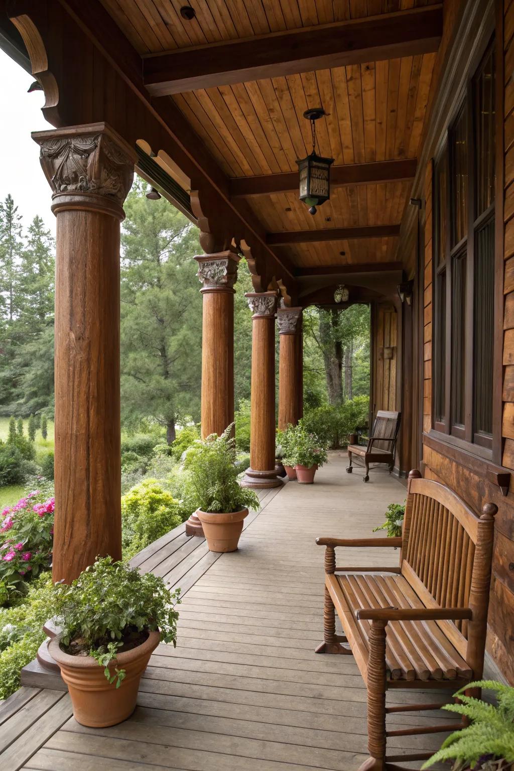 Natural wood pillars bring warmth and charm to any porch.