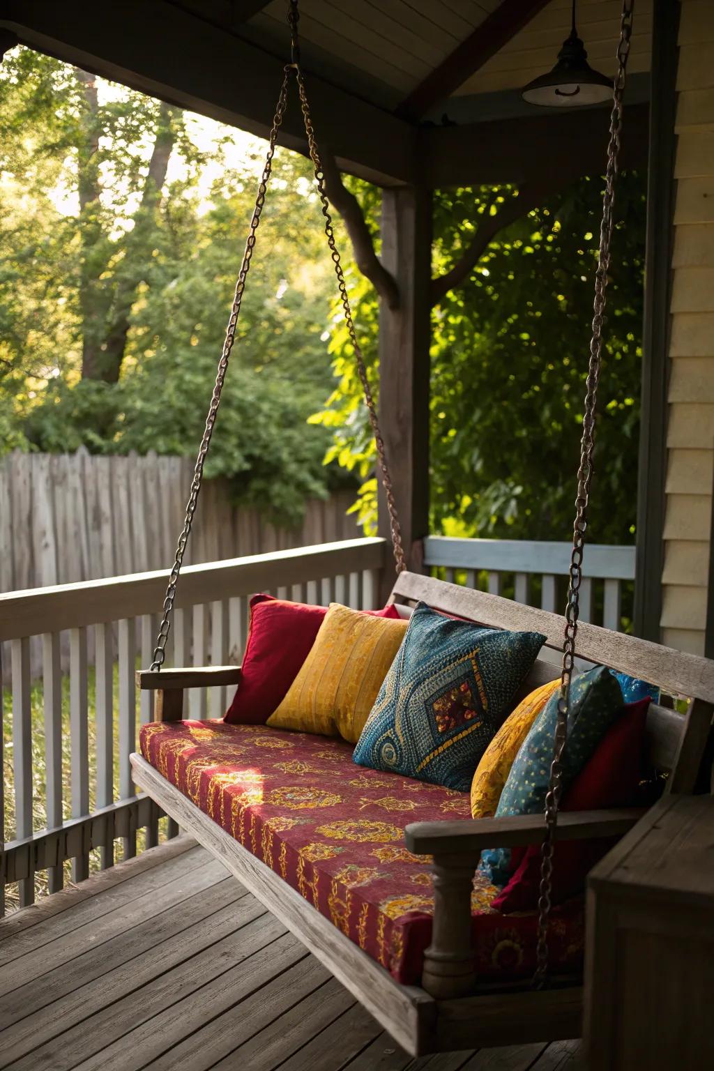 A porch with a swing and colorful cushions creates a cozy seating nook.