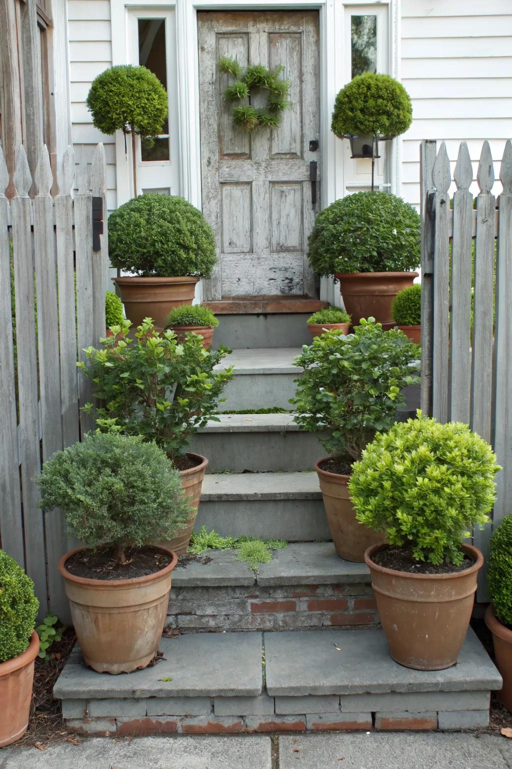 Symmetrical potted plants add a refreshing touch to the porch stoop.