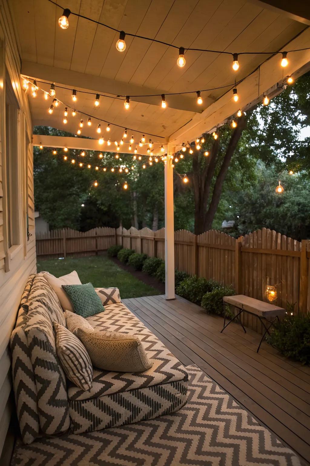 Zig-zagging lights create a festive and balanced illumination on your porch.