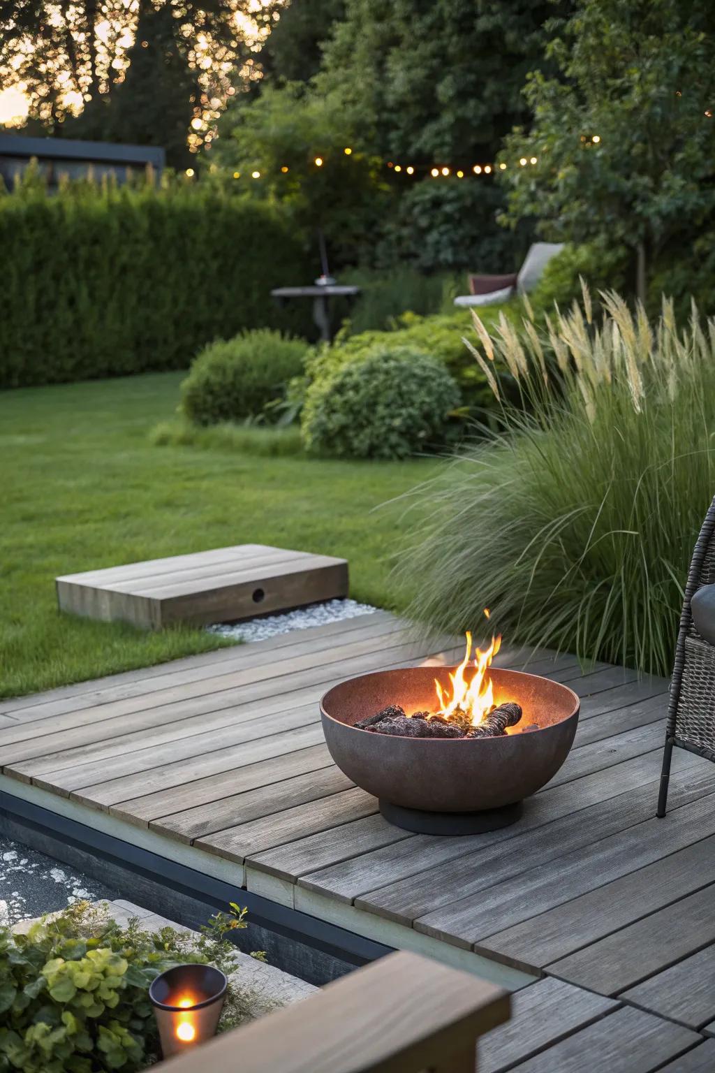 A bowl-shaped portable fire pit adds elegance to any setting.