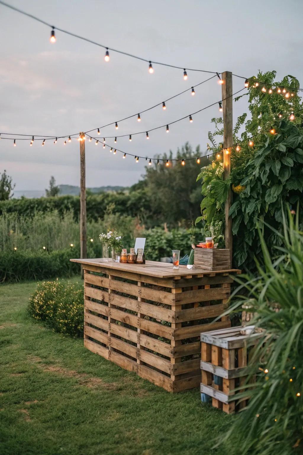 A rustic wooden pallet bar complements any garden.