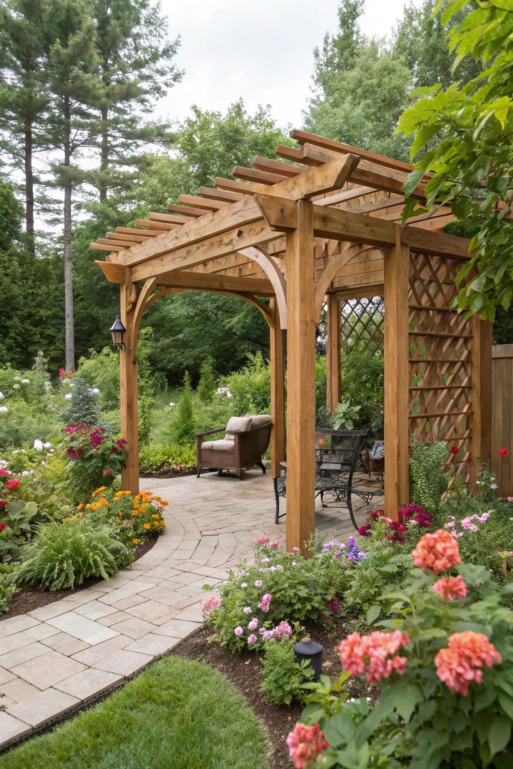 A portable wooden pergola that adds rustic elegance to any outdoor space.