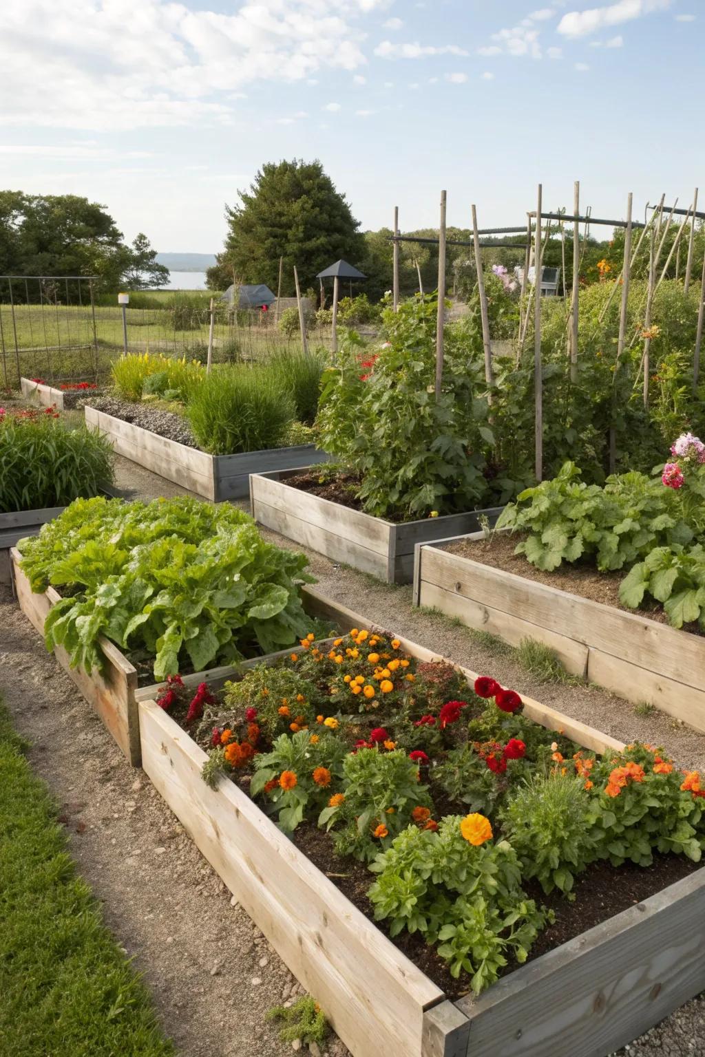 Neatly arranged raised beds in a potager garden.