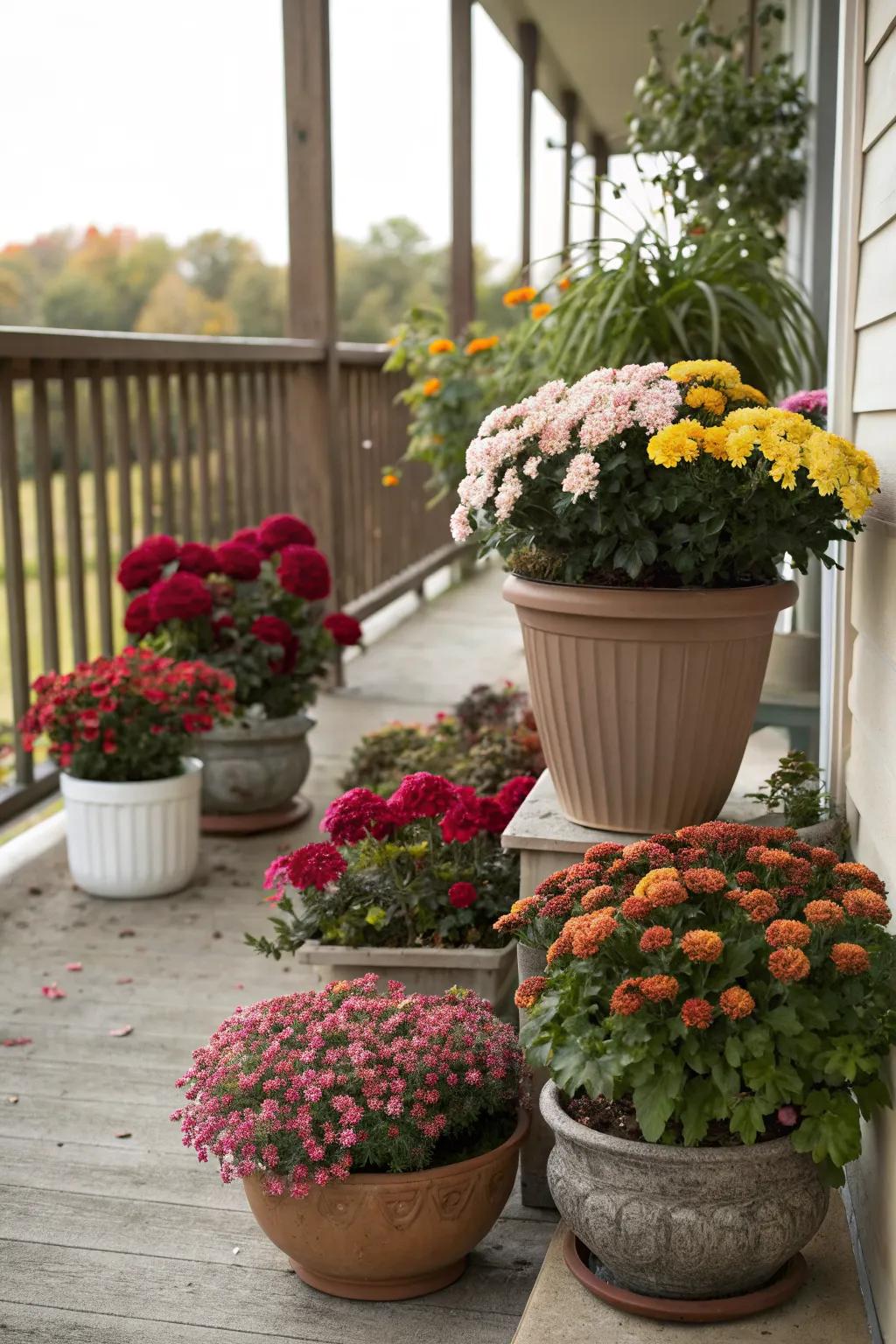 A vibrant welcome with potted flowers on the porch.