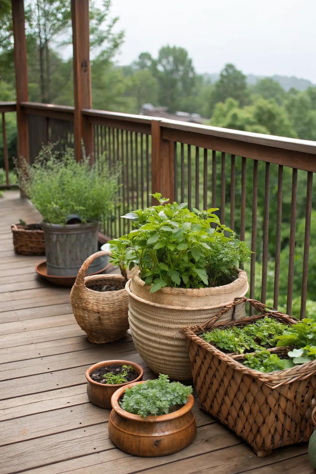 A mix of ceramic pots and rustic baskets adds character to any deck.