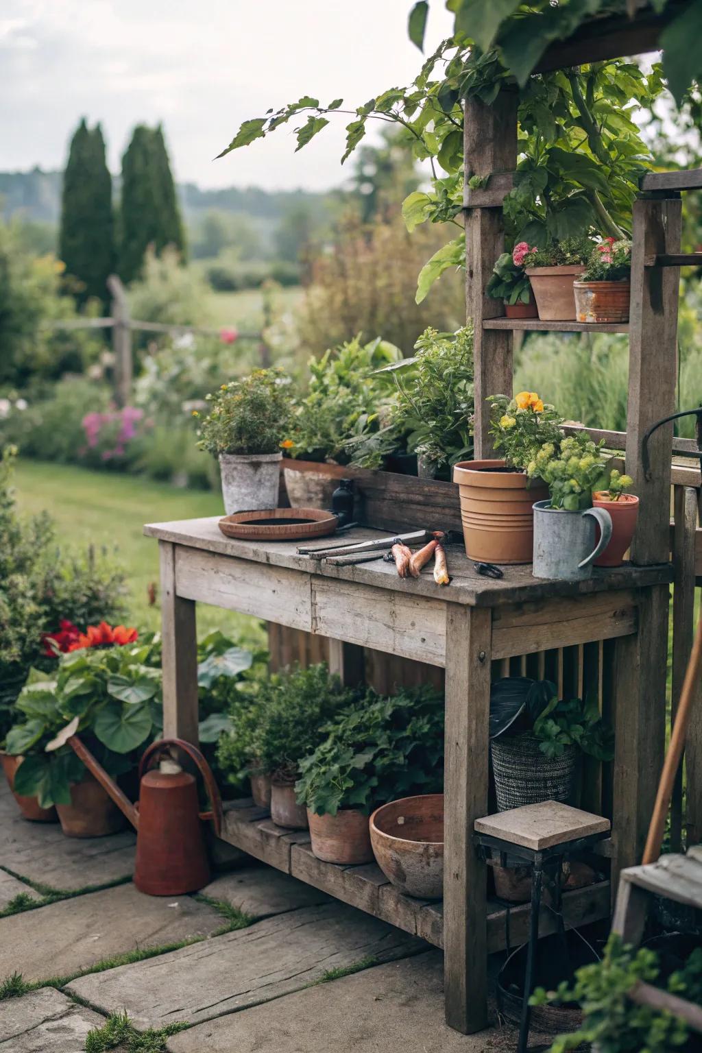 A rustic potting bench brings warmth and utility to any garden space.