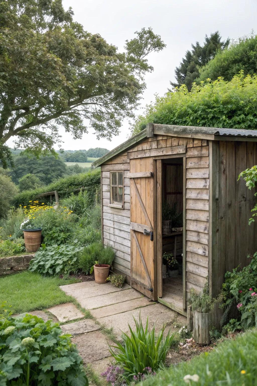 A rustic potting shed with reclaimed wood accents.