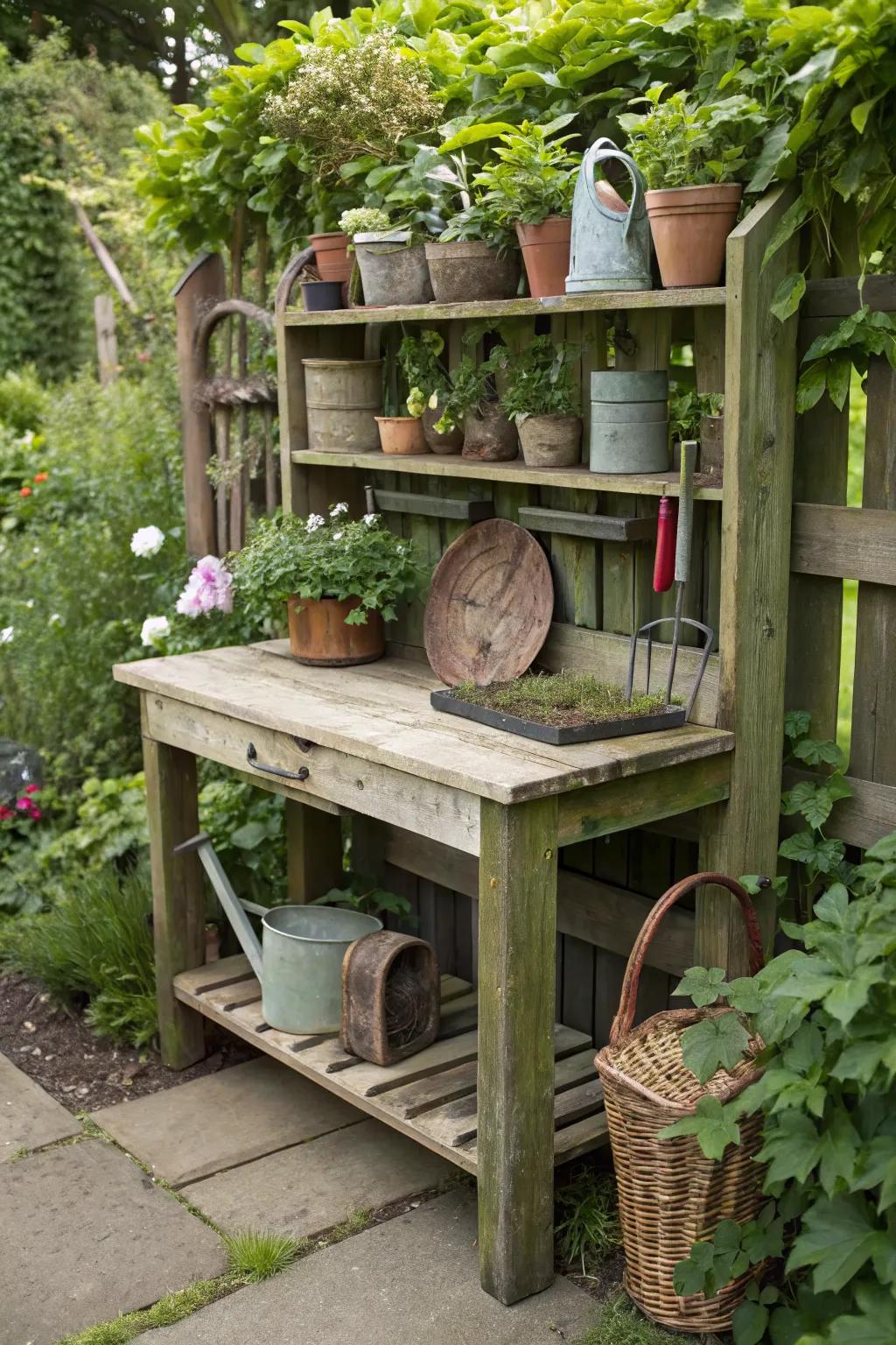 A rustic wooden potting bench adorned with gardening essentials, ready for use.