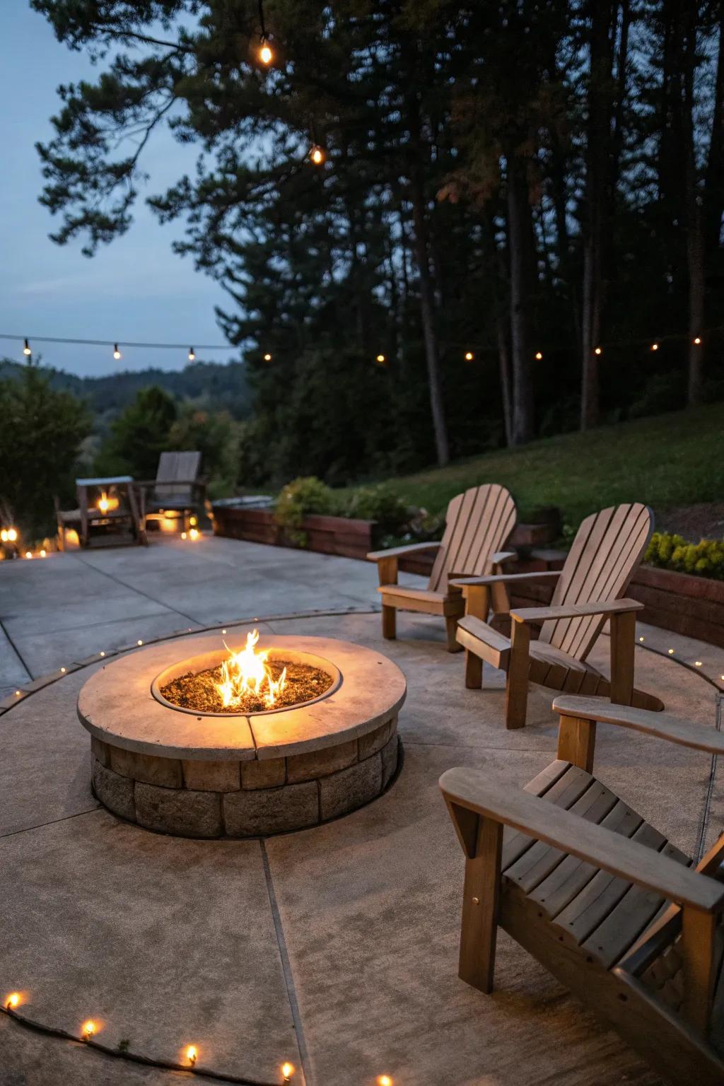 A welcoming circular fire pit at the heart of a concrete patio.