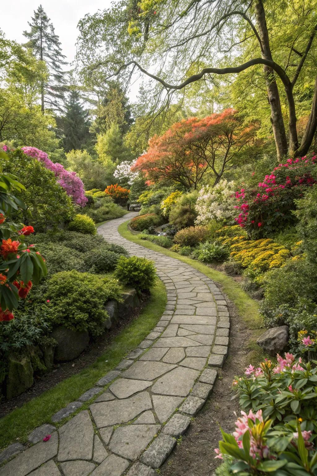 A winding stone pathway leading through a lush, vibrant garden.