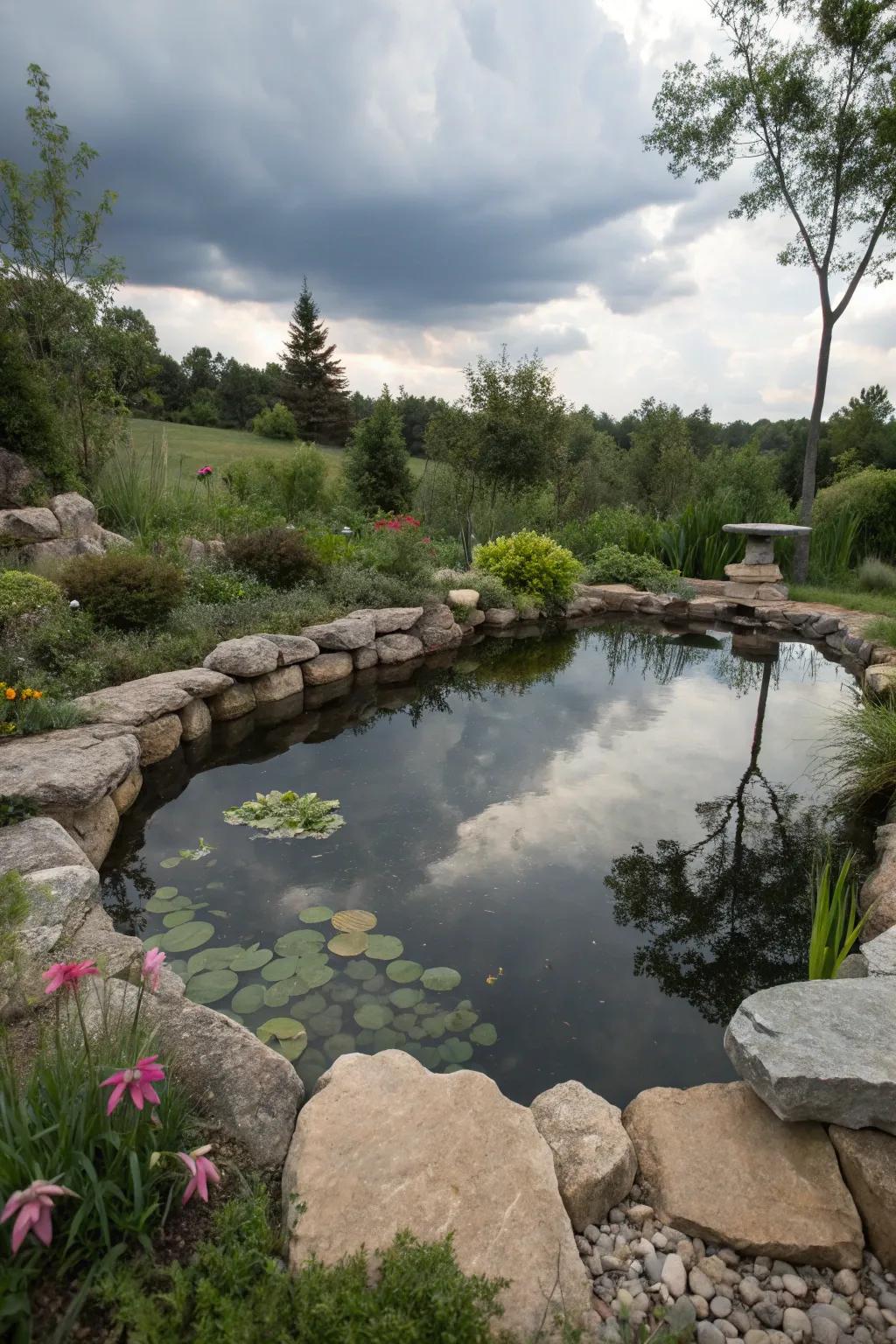 A preformed pond beautifully accented with natural rock borders.