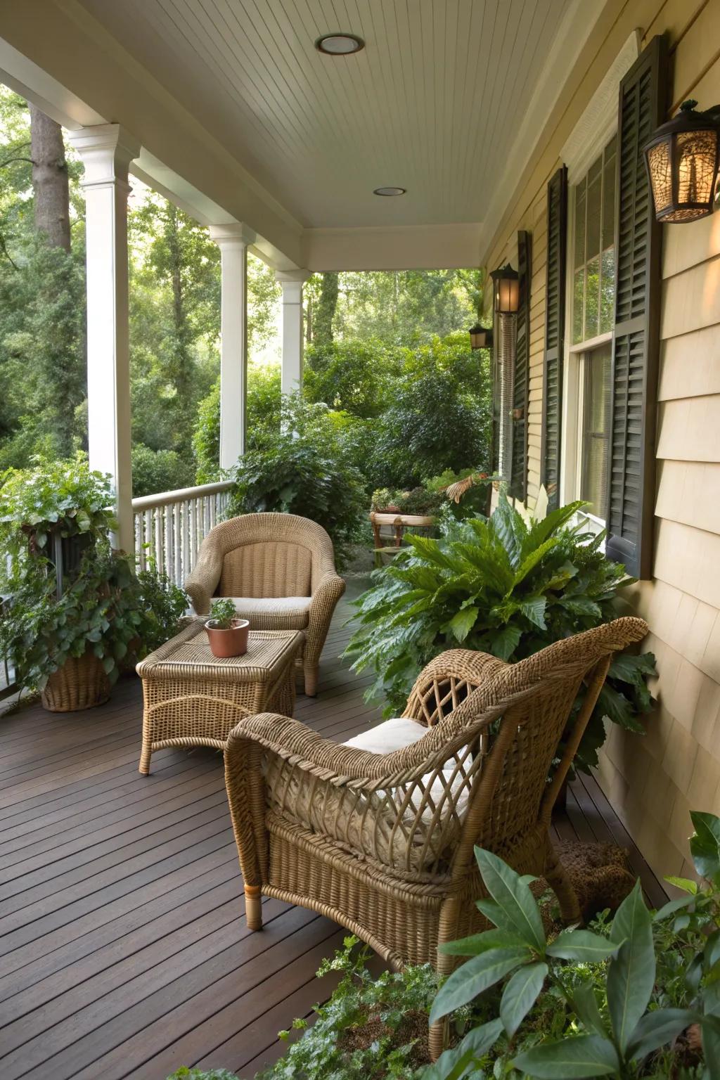 A cozy porch featuring wicker furniture surrounded by lush greenery.