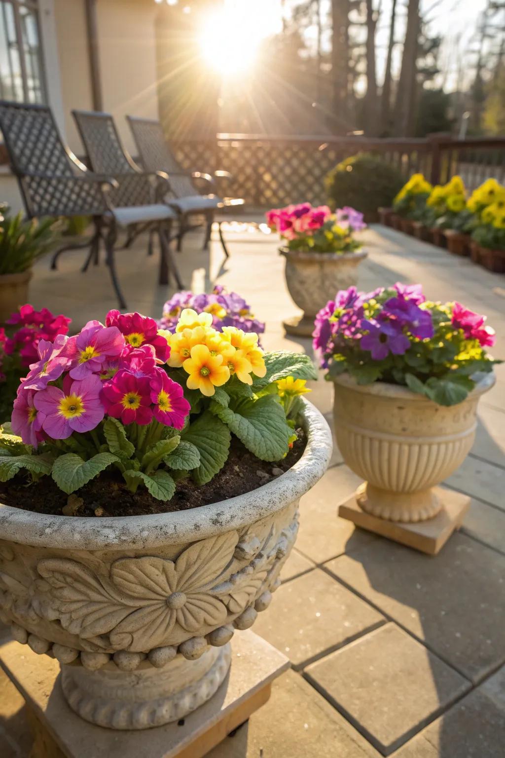 Bright primroses in decorative pots bring life to any patio.