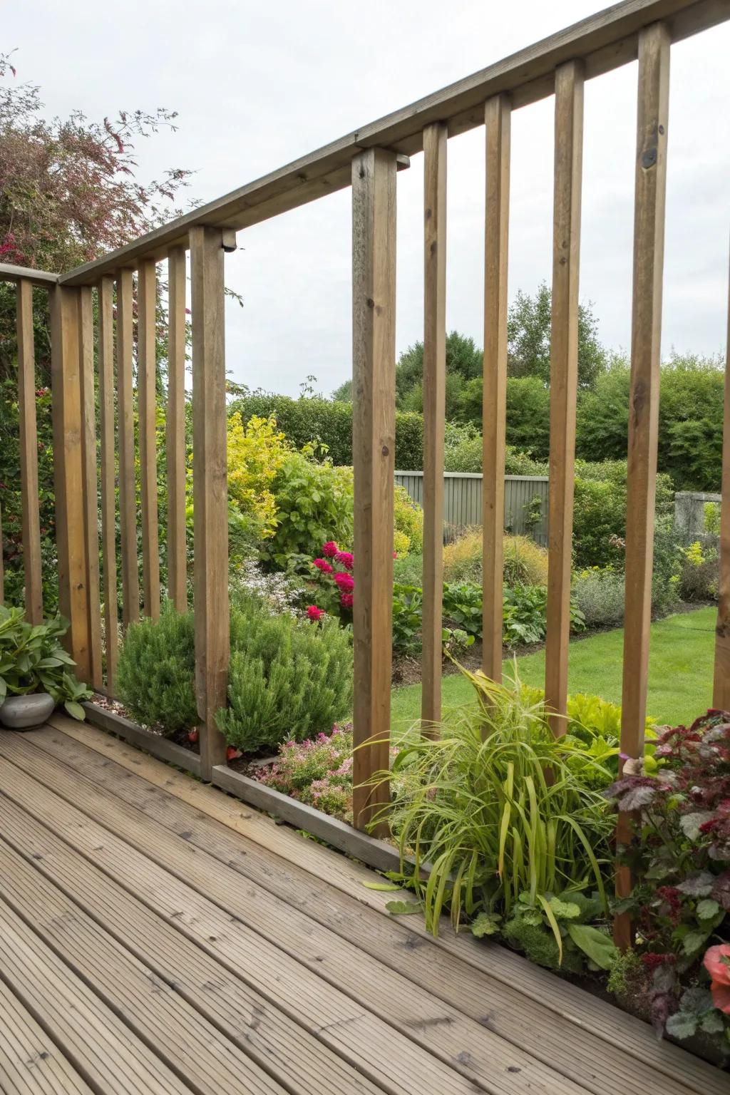 A modern deck with vertical wooden slats for that perfect blend of privacy and style.