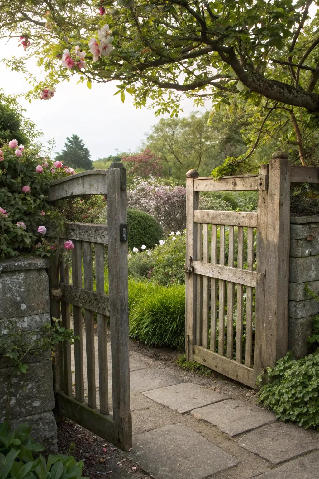 A classic wooden double gate with horizontal slats for a timeless appeal.