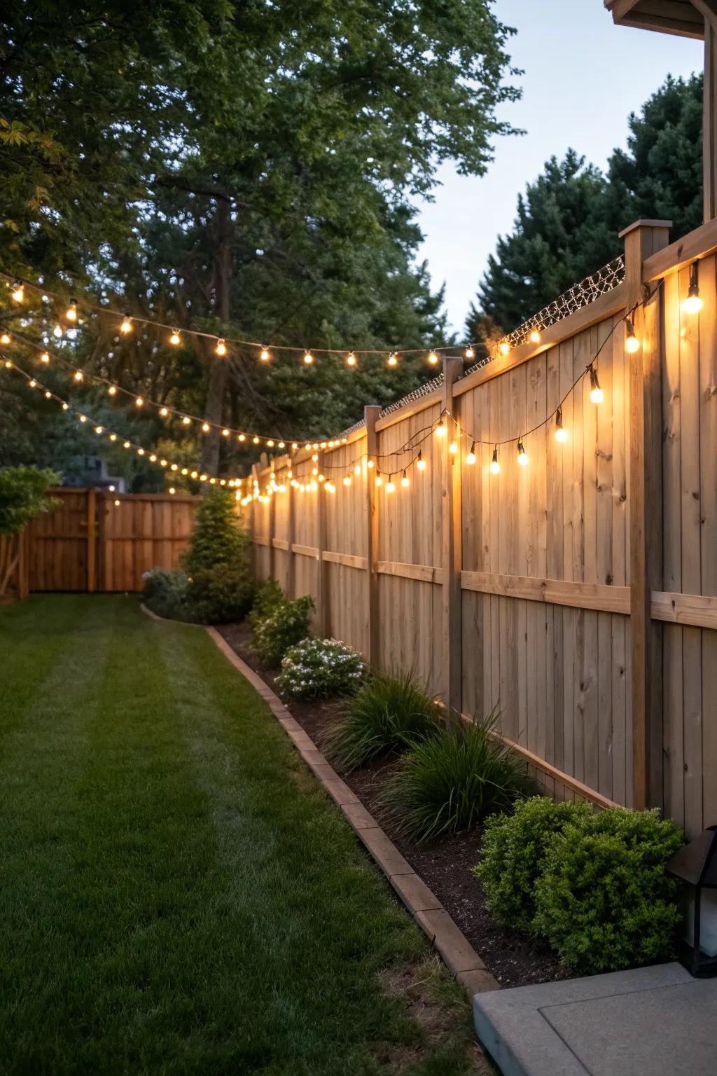 String lights draped along a fence create a warm, welcoming glow.