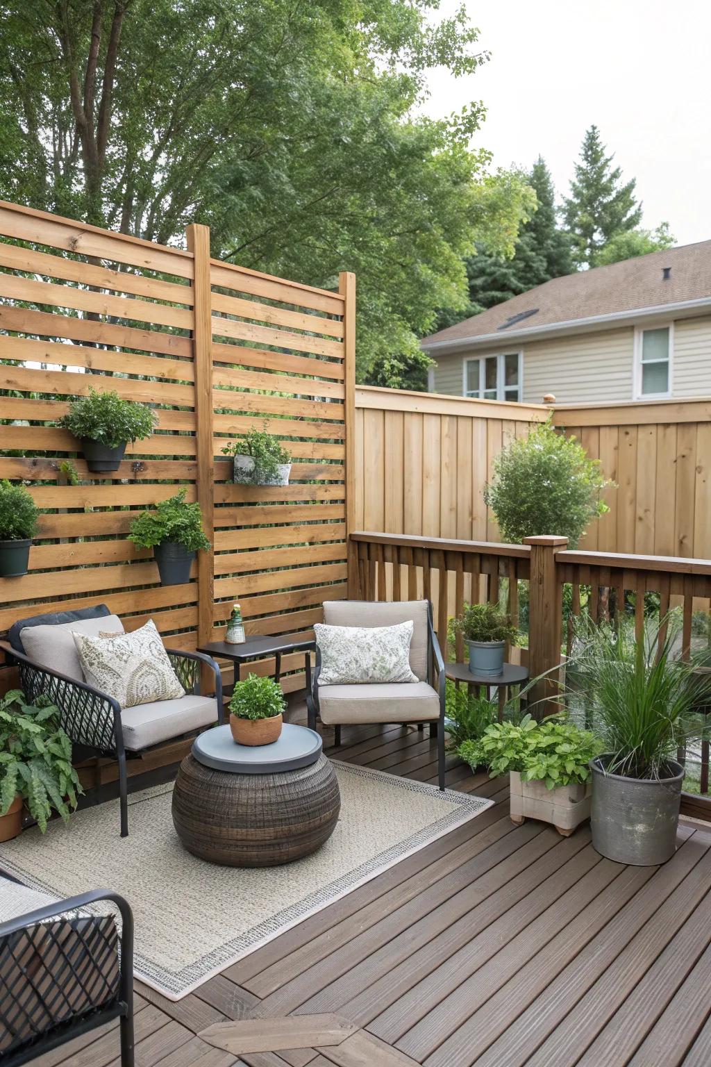 Wood panels offer a rustic charm while providing excellent privacy.