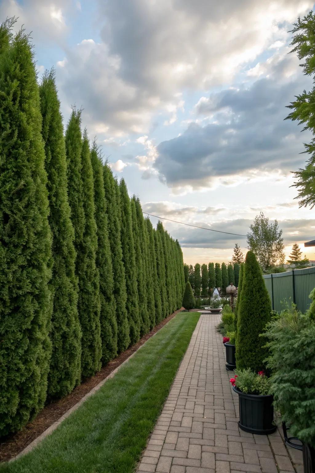 Tall evergreen hedges create a living wall for privacy between homes.