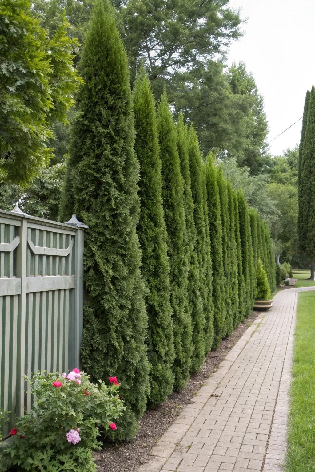 Tall arborvitae shrubs creating a natural privacy wall.