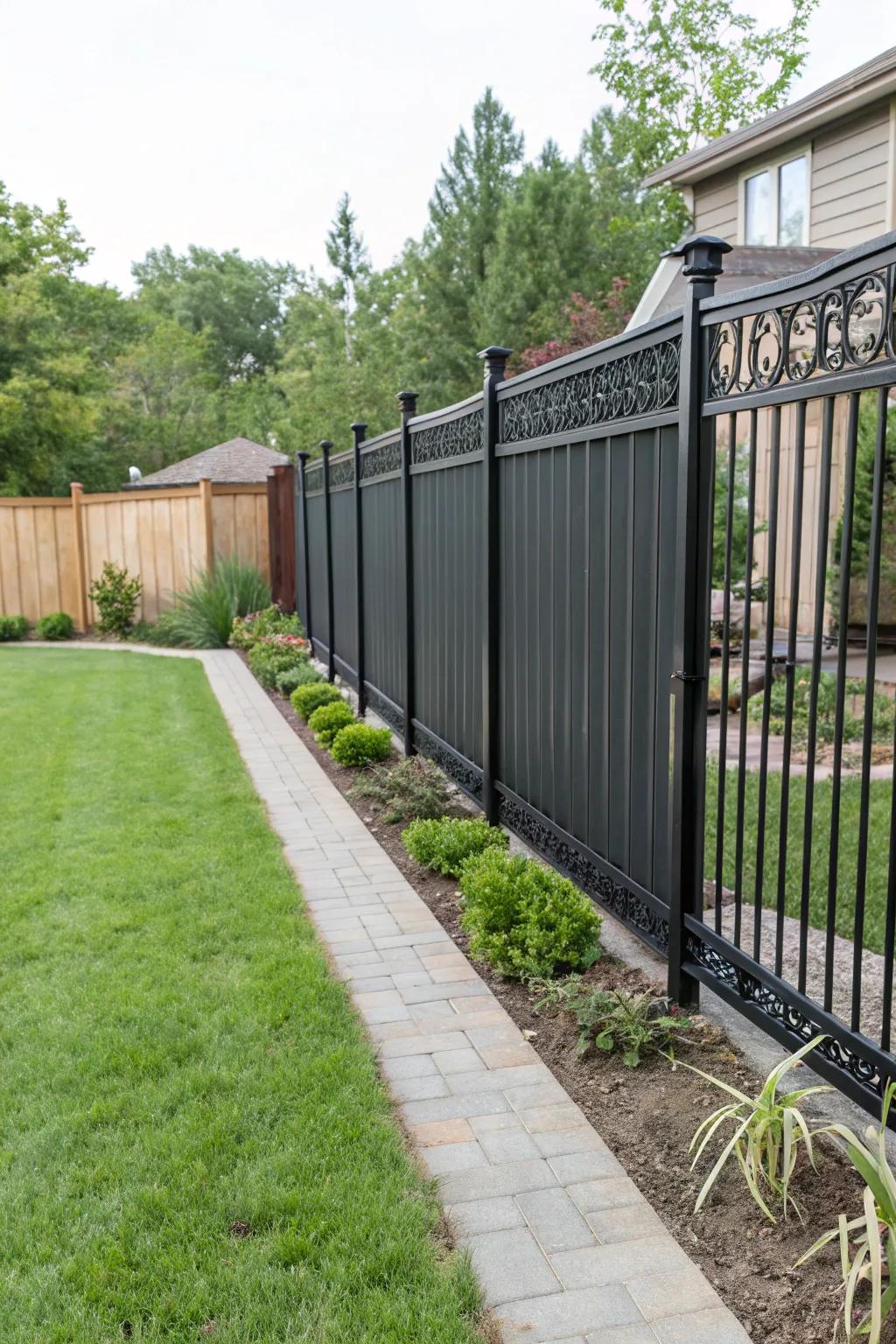A stylish wrought iron fence featuring vertical panels for added privacy.