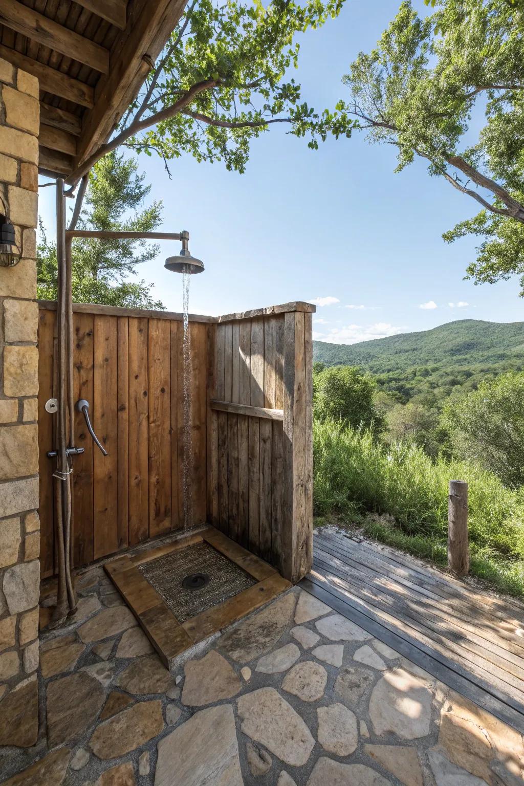 A rustic retreat with wood and stone elements for a cozy outdoor shower experience.