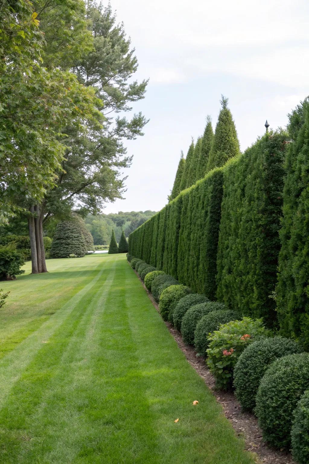Evergreen hedges creating a lush boundary.