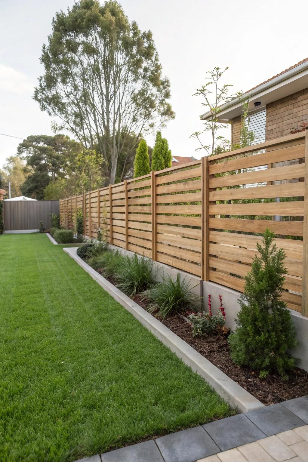 Modern horizontal wooden slat fence offering a sleek look.