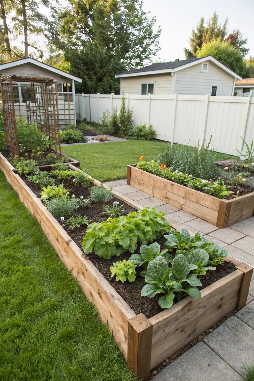 A productive raised garden bed in a tidy backyard.